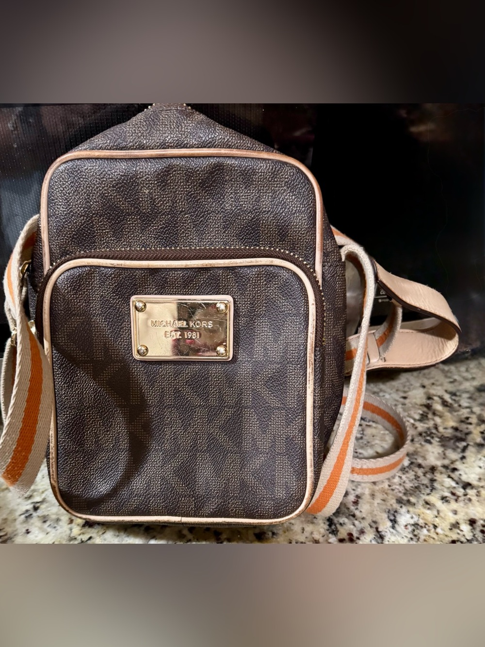 Michael Kors Brown Signature Crossbody Bag with Orange Accent Strap
